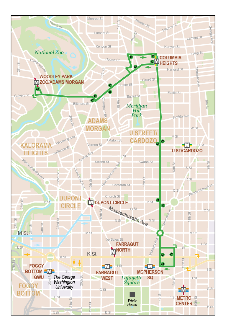 Map Image for Route Woodley Park-Adams Morgan-McPherson Square Metro.  Click to Enlarge