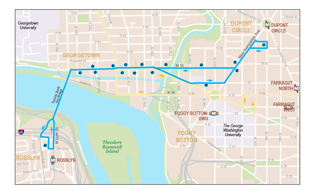 Map Image for Route Dupont Circle-Georgetown-Rosslyn.  Click to Enlarge